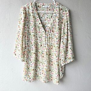Rose + Olive Cream Floral Pintuck Blouse Sz 1X Boho Cottagecore